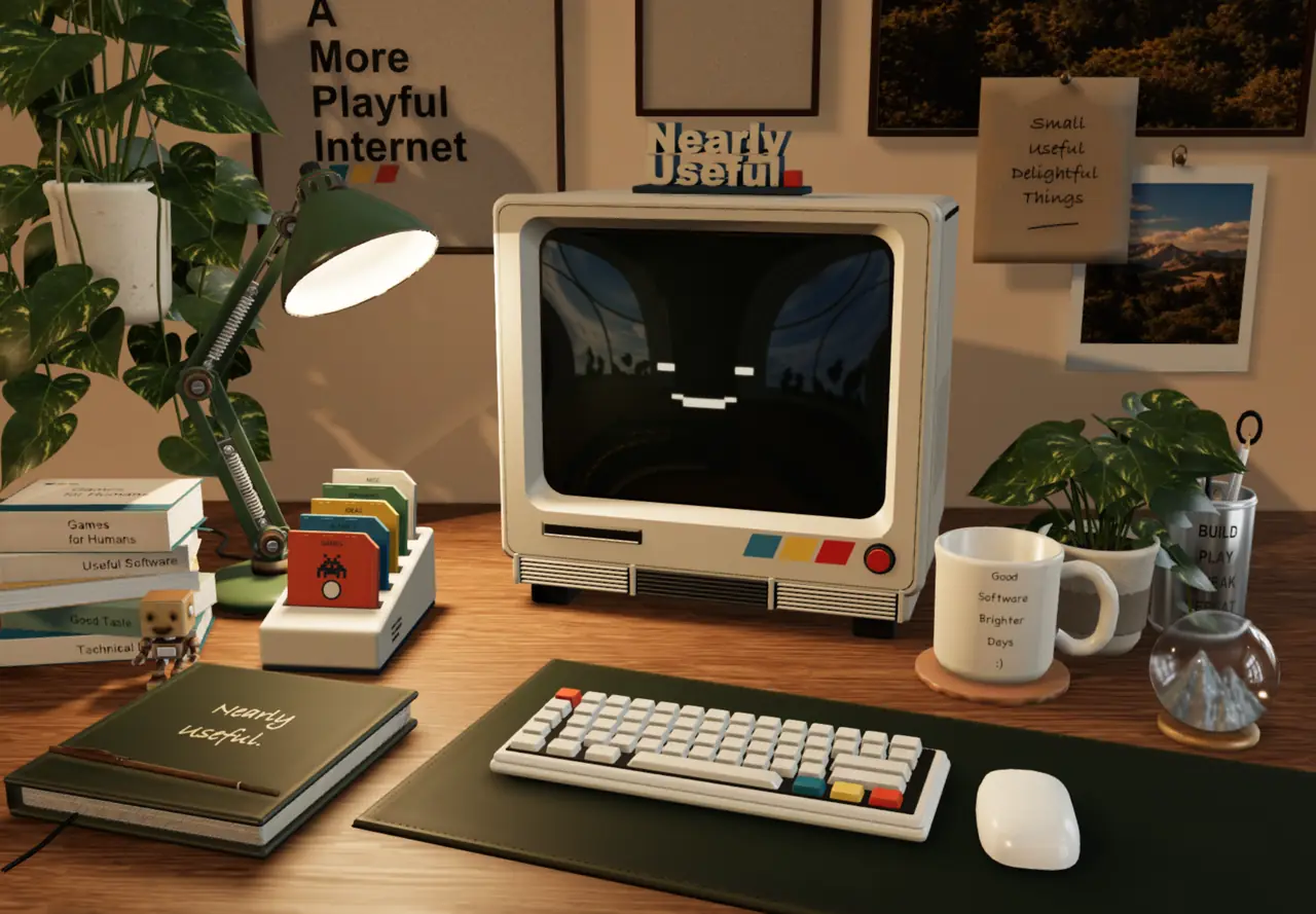Nearly Useful CRT monitor on a worn wooden desk under warm lamplight.
