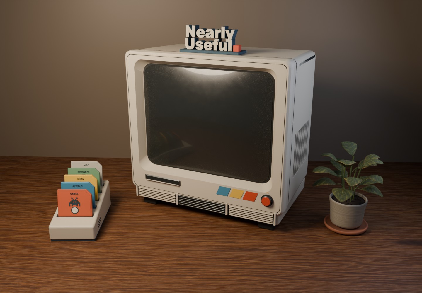 Nearly Useful CRT monitor on a worn wooden desk under warm lamplight.
