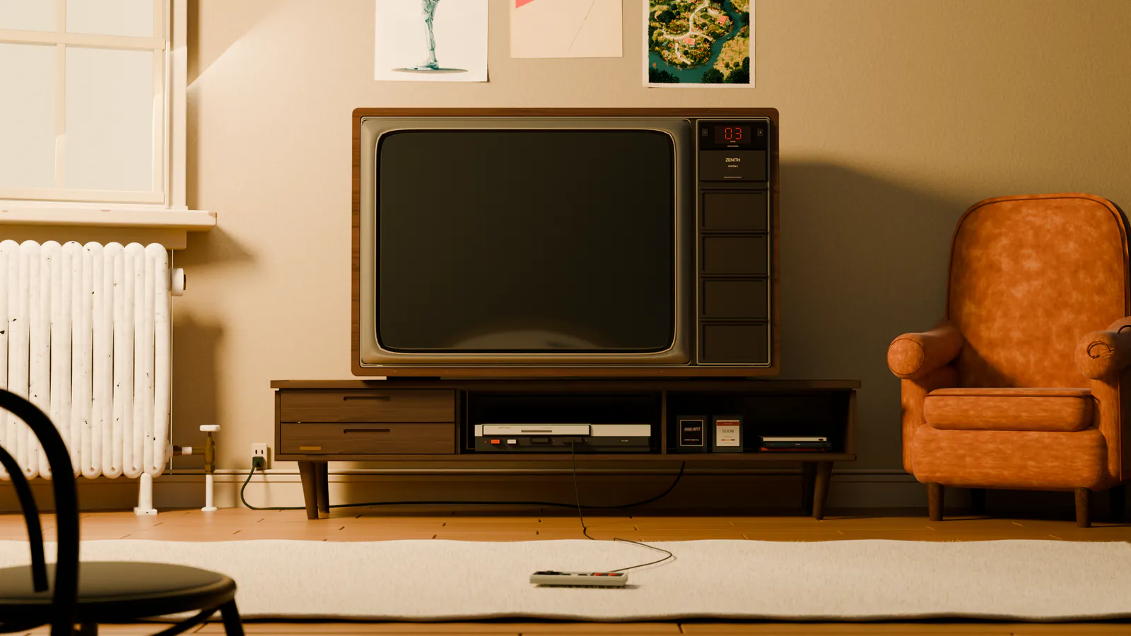 A golden-hour living room: a wood-cased CRT television on a walnut console, a FINAL OUT! poster above a worn armchair, and a game controller on the rug.